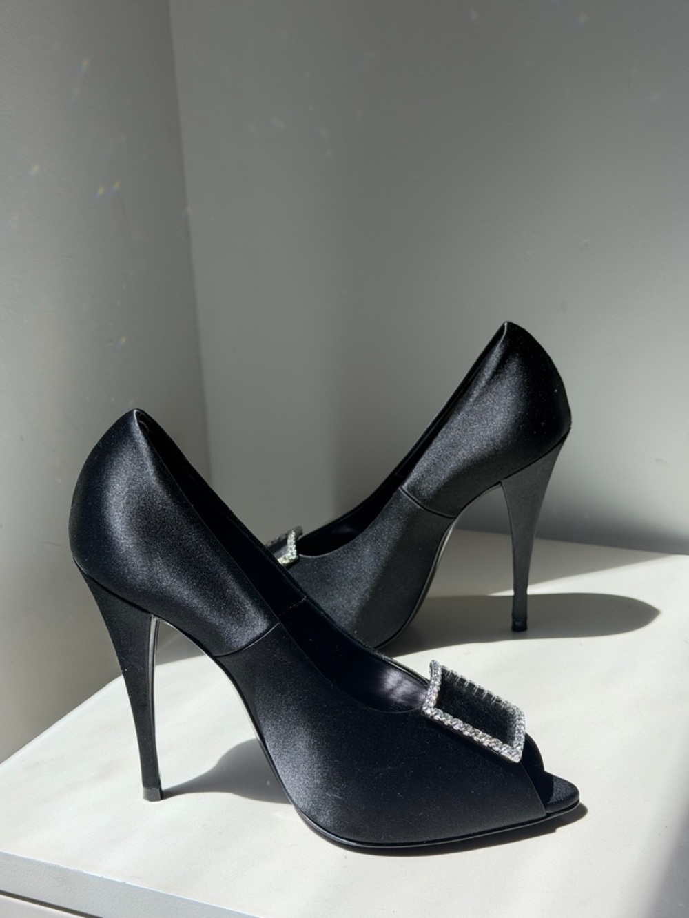 Saint Laurent Black Satin Peep-Toe Pumps with Crystal Buckle Accent - Picture 7 of 10